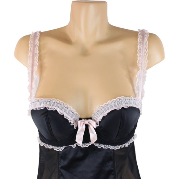 La Senza Negligee Black Pink Medium Ruffles Lace Garter Straps French Maid N122 - Picture 8 of 14